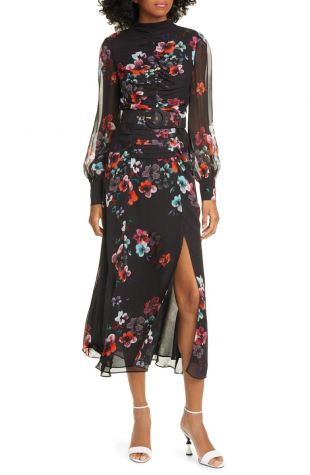 NICHOLAS Floral Print Sheer Long Sleeve Ruched Silk Maxi Dress | Nordstrom