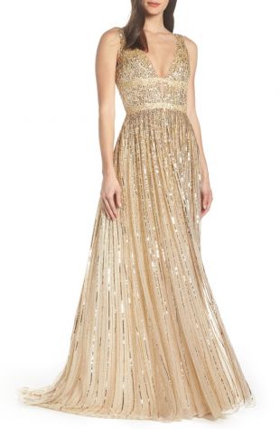 Mac Duggal Deep V-Neck Sequin Stripe Gown | Nordstrom