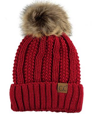 C.C Thick Cable Knit Faux Fuzzy Fur Pom Fleece Lined Skull Cap Cuff Beanie, Red