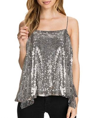 ASMAX HaoDuoYi Womens Sparkly Sequin Spaghetti Strap Crop Top(L,Silver)