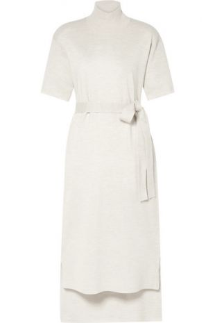Belted stretch-wool turtleneck midi dress