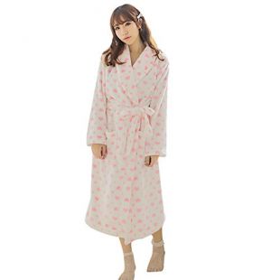 Saymequeen Women Cute Heart Print Flannel Shawl Robe Girls Bathrobe Sleepwear Warm Homewear
