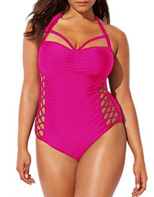 Womens Plus Size Swimwear Sexy One Piece Swimsuit Cut Out Lace Up Halter Bathing Suits Monokinis (XX-Large(US 16W), Pink)