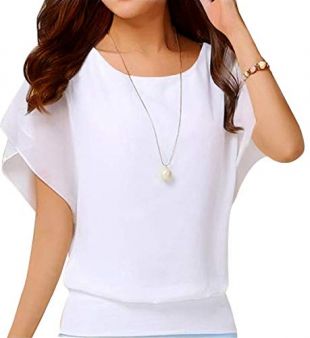 Neineiwu Women's Summer Casual Loose Fit Short Sleeve Round T-Shirt Shirt Chiffon Top Blouse (White L)