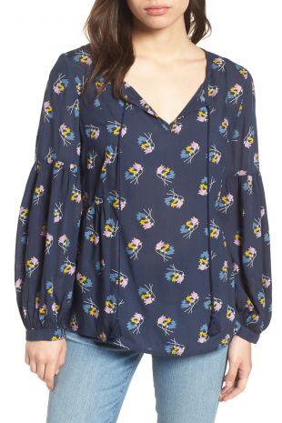 Long Sleeve Printed Tassel Blouse in Navy
