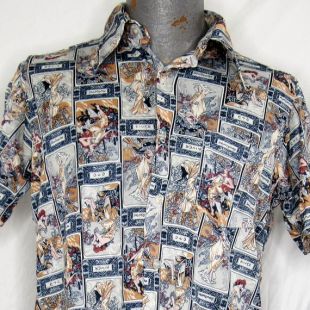 VTG des années 70 fruits de métier à tisser grande chemise Art déco dieux et déesses Nylon extensible Disco grec