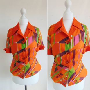 Blouse vintage Chemise à imprimé abstrait Chemise vintage 70s orange'sheer blouse Taille approximative 8-10