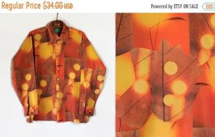 ON SALE 70s Shirt, Disco, Fall Leaves, Joe Namath, XL, Mod Shirt, Abstract Print, Op Art