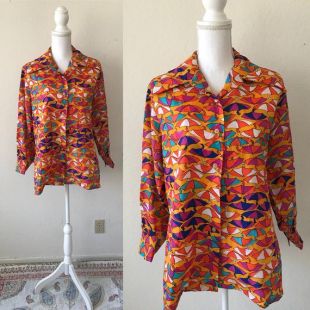 70 ' s blouse / parapluie impression / grand / retro chemisier coloré / bouton haut vers le bas / orange / violet