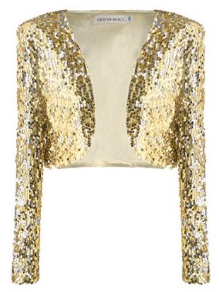 Anna-Kaci Womens Shiny Sequin Long Sleeve Glitter Cropped Blazer Bolero Shrug, Gold, Small