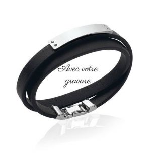 Bracelet 2 tours gourmette plaque à graver en cuir noir et acier fermoir 41 cm avec gravure