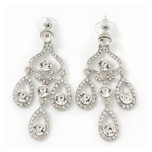 Bridal Clear Swarovski Crystal Chandelier Earrings In Rhodium Plating - 6cm Length