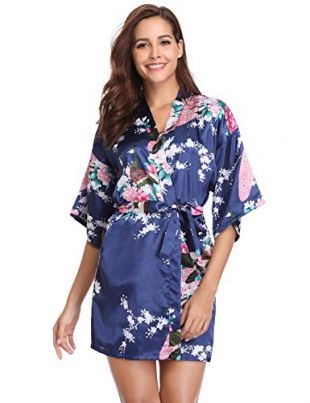 Vlazom Women's Kimono Robes Silk Floral Bathrobe Short Bridal Wedding Party Robe