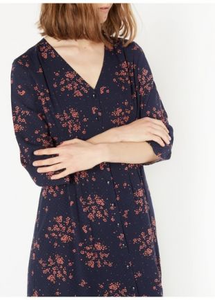 ROBE MIDI COL V IMPRIMÉ FLEURI EN CRÊPE MARINE