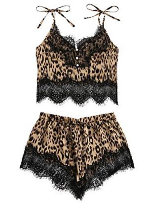 DIDK Women's Lace Trim Bralette Shorts Pajama Set Lingerie Nightwear Leopard XL