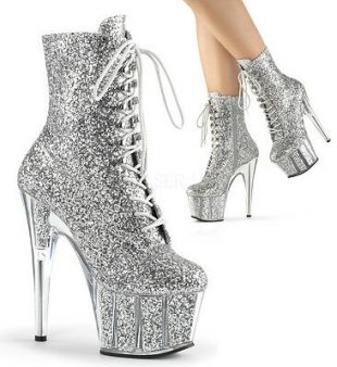 Sexy Stripper Dancer 7" High Heel Platform Silver Glitter Ankle High Boots  | eBay