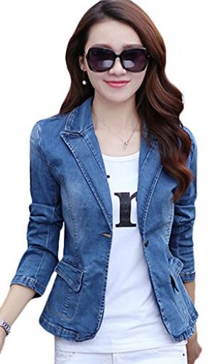 Youhan Women's Slim Fitted Lapel Long Sleeve Denim Blazer Jacket Short Coat (Medium, Blue)