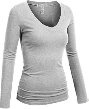 Emmalise Women's Casual Basic V-Neck Tshirt Long Sleeves Tee Top - H Gray, S