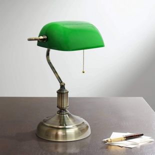 Lampe, Style Antique verre vert émeraude Bureau luminaire, Laiton satiné finition de la Banque traditionnelle, interrupteur à tirette Pull Perles métal attaché