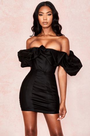 Selena Black Satin Puff Shoulder Dress