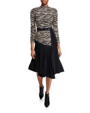 Peyton Zebra Mock-Neck Pleated Dress