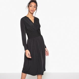 Robe midi cache cœur, froncée taille, zipée côté
