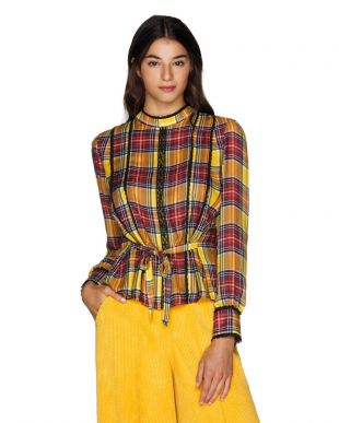 Blouse à carreaux avec liens à la taille