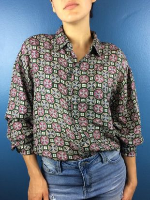 Foulard en soie 100 % VTG print blouse baroque hip-hop swag hipster chemise M