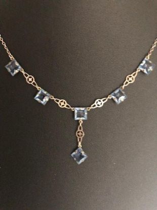 Art Déco czech open crystal blue diamante diamante Paste Rhinestone glass bib collier sterling chain 1920s 1930s bijoux anciens