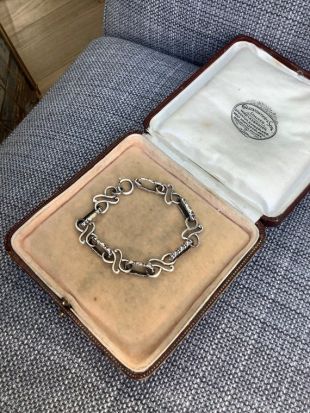 Super Antique victorienne Argent Fancy Link Book Chain Link Style Bracelet avec Spring Ring Clasp