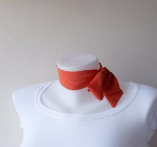 Orange Skinny Scarf, 36.5"x1.75", Femme Neckerchief, Crepe Chiffon Neck Tie, Choker, Thin Scarf with Angled Ends, Spring Summer Fashion
