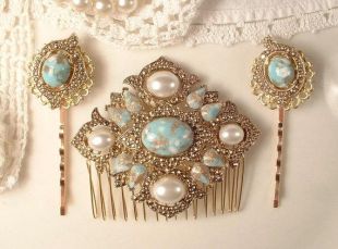 Turquoise Ivory Pearl Gold Bridal Hair Comb & Pins, Vintage 1920s Art Deco Antique Gold Aqua Blue Dress Sash Brooch Headpiece Bobby Rose