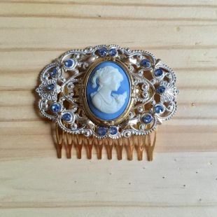 Peigne à cheveux or bleu vintage : Cristaux bleus et peigne de mariée/Costume camée
