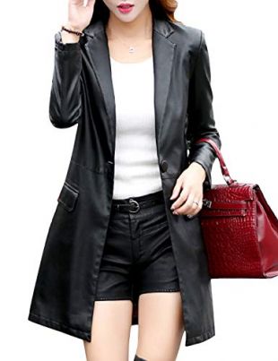 Tanming Womens Casual Lapel Long Leather Jacket Suit Coat Windbreaker Trench Coat (Black, X-Large)