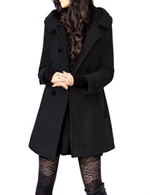 Tanming Women's Winter Double Breasted Wool Blend Long Pea Coat with Hood (Small, Black)