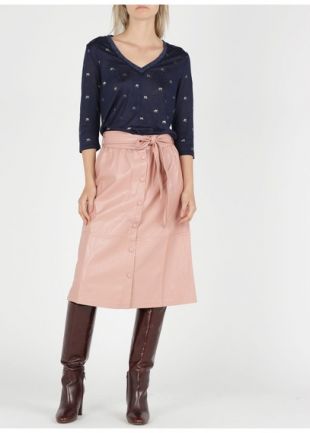 JUPE MIDI BOUTONNÉE EN SIMILI-CUIR CORAIL ROSE