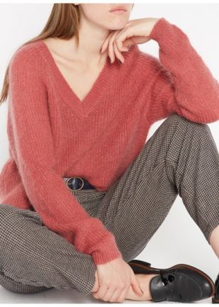 PULL COL V EN LAINE MÉLANGÉE RHUBARBE