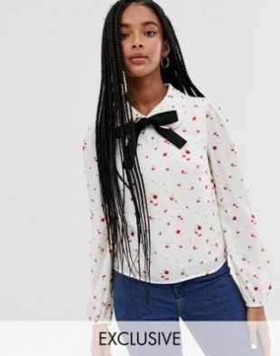Wild Honey balloon sleeve blouse with contrast ribbon neck tie | ASOS