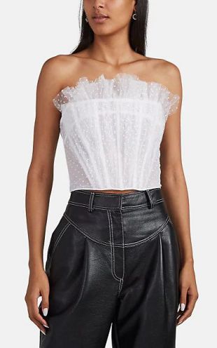 Serafini Flocked-Polka Dot Tulle Corseted Crop Top