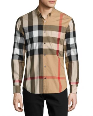 Woven Check Sport Shirt in Tan