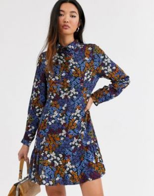 Monki flower print mini shirt dress with long sleeve in blue | ASOS