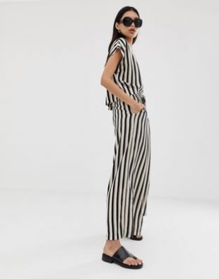 Pantalon d'ensemble court décontracté à rayures - Noir et blanc