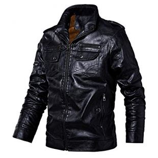 LBL Men's Faux Leather Jackets Slim Fit Male Stand Collar Fleece Coats Motorcycle Outwear Black XL #8818