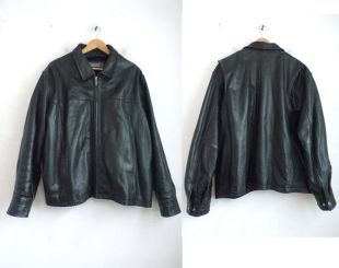 Veste Vintage Mens Black Leather Bomber (fr) 90s Légèrement en détresse manteau de cuir authentique (fr) Taille Homme 1X