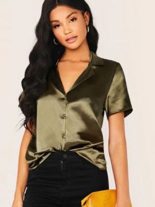 Notched Collar Short Sleeve Satin Shirt