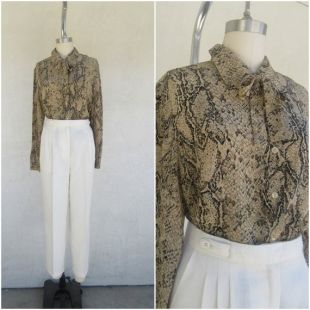 90s All Silk Snakeskin Print Snake Pattern Button Down Long SLeeve Minimalist Top Blouse Shirt (fr) Pussybow Blouse - France m