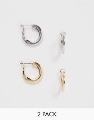 Lot de 2 paires de créoles à bords plats - Doré et argenté