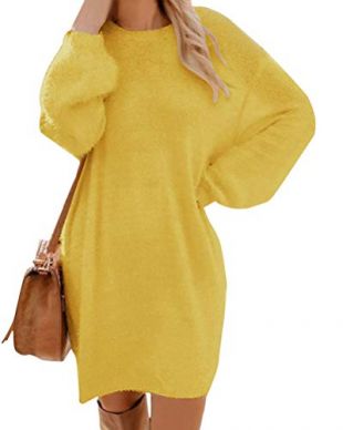 ORANDESIGNE Femmes Pull Robe Tricoté Col Rond Solide Couleur Chandail À Manches Longues Lâche Pullover Mini Dress Long Tricots Hiver Robe Tunique Jaune 40