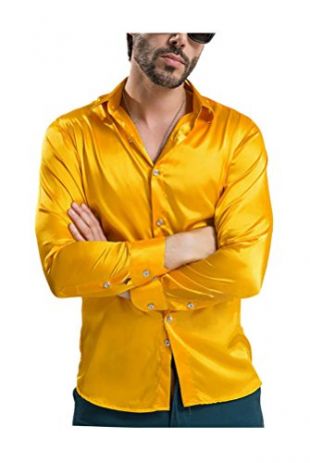 ARJOSA Men’s Silky Long Sleeve Button-Down Party Club Dress Shirt (Large, 7 Yellow)