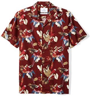 28 Palms Men's Standard-Fit 100% Cotton Tropical Hawaiian Shirt, Red Parrot, Large